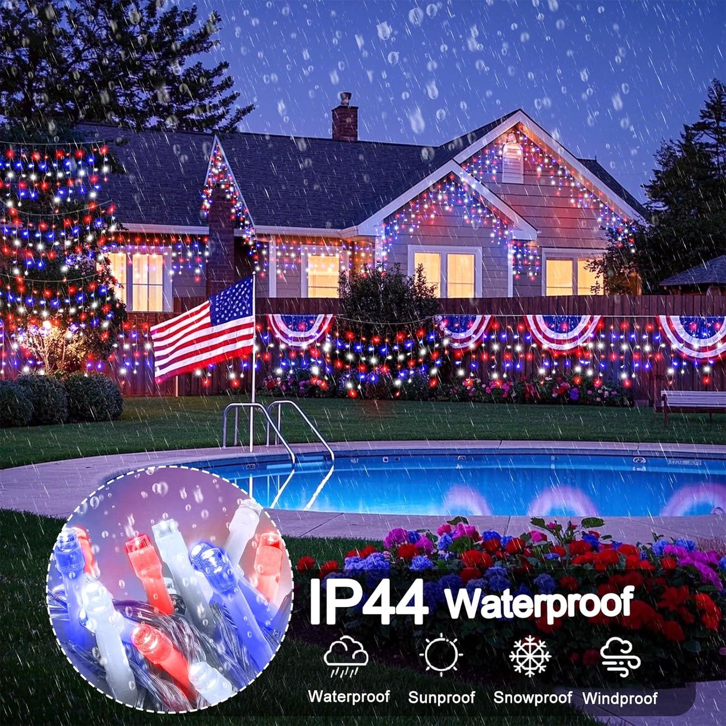 33ft 400LED Red White and Blue Lights for 4th of July Decorations Outdoor Independence Day Decorations Icicle Light for Outside, Clear Wire Connectable Twinkle Light for House Party Holiday Patio Yard