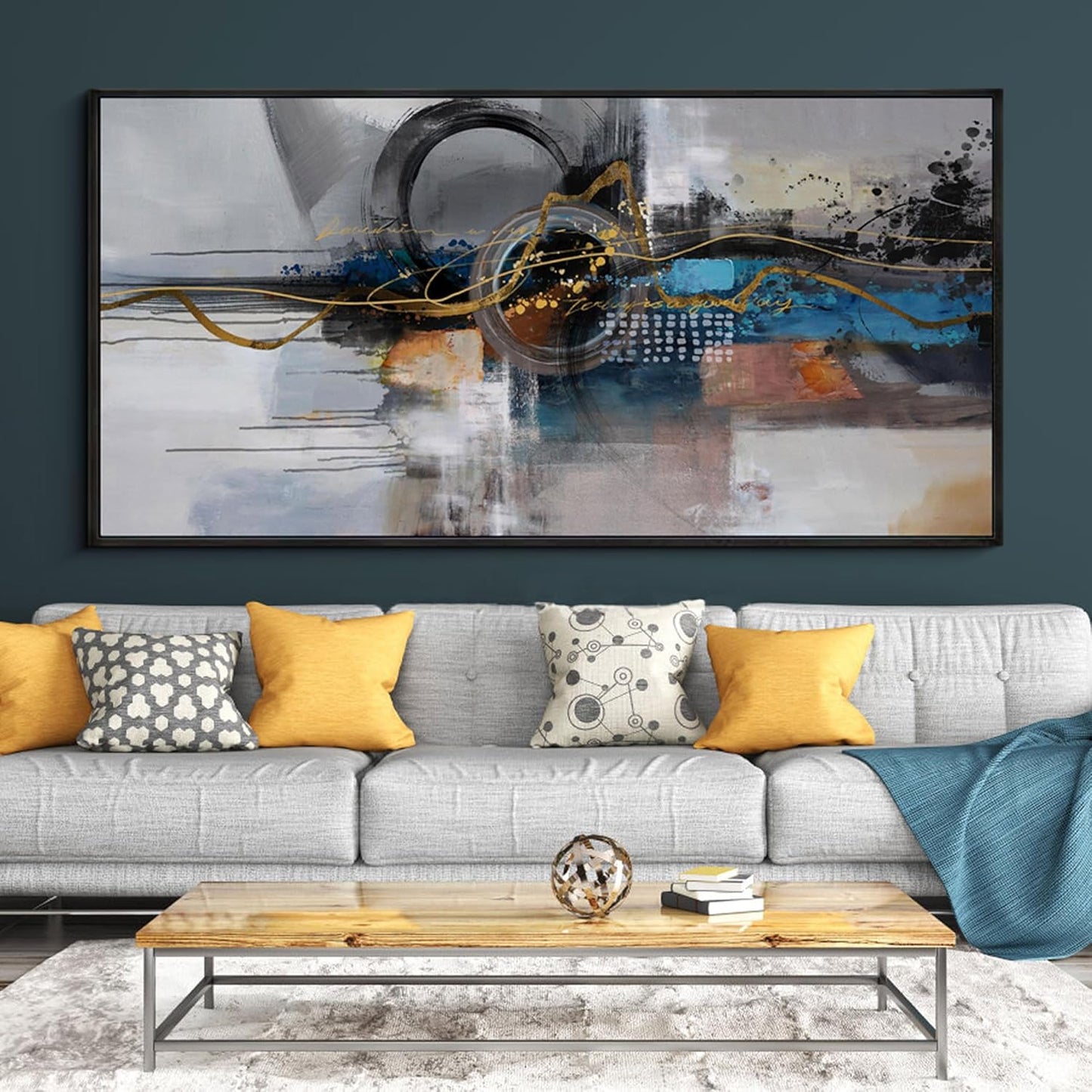 XLSJERST Large Abstract Frame Wall Art - Black and Blue Cnavas Framed Artwork for Walls Modern Minimalist Boho Gray Pictures Wall Decor for Living Room Bedroom Office Home Decoration 29x58 Inches