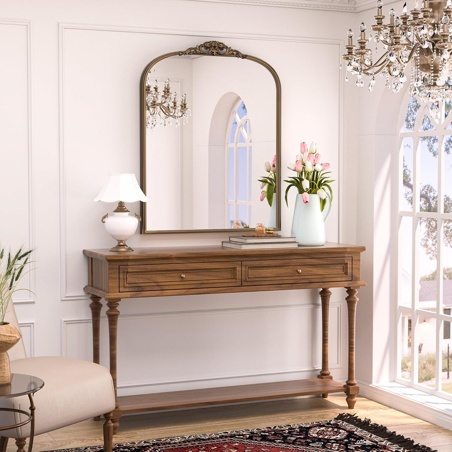 Keonjinn Gold Vintage Mirror 30" x 36", Antique Brass Mirrors for Wall Decor, Arched Decorative Mirror for Mantle, Hallway, Living Room, Fireplace, Bedroom, Bathroom Mirror with French Cleat Mounting