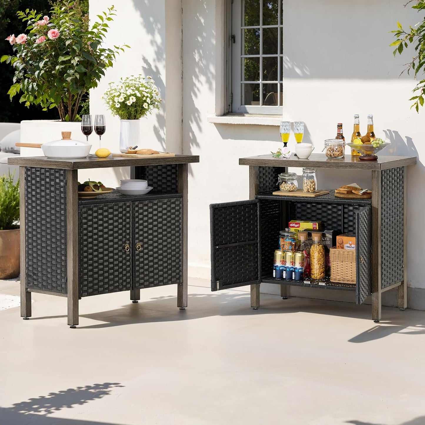 Outdoor Storage Cabinet, Woven Rattan Bar Table with 2 Doors, Slatted-Top, Wicker Console Table for Patio, Garden, Backyard, Kitchen - Black