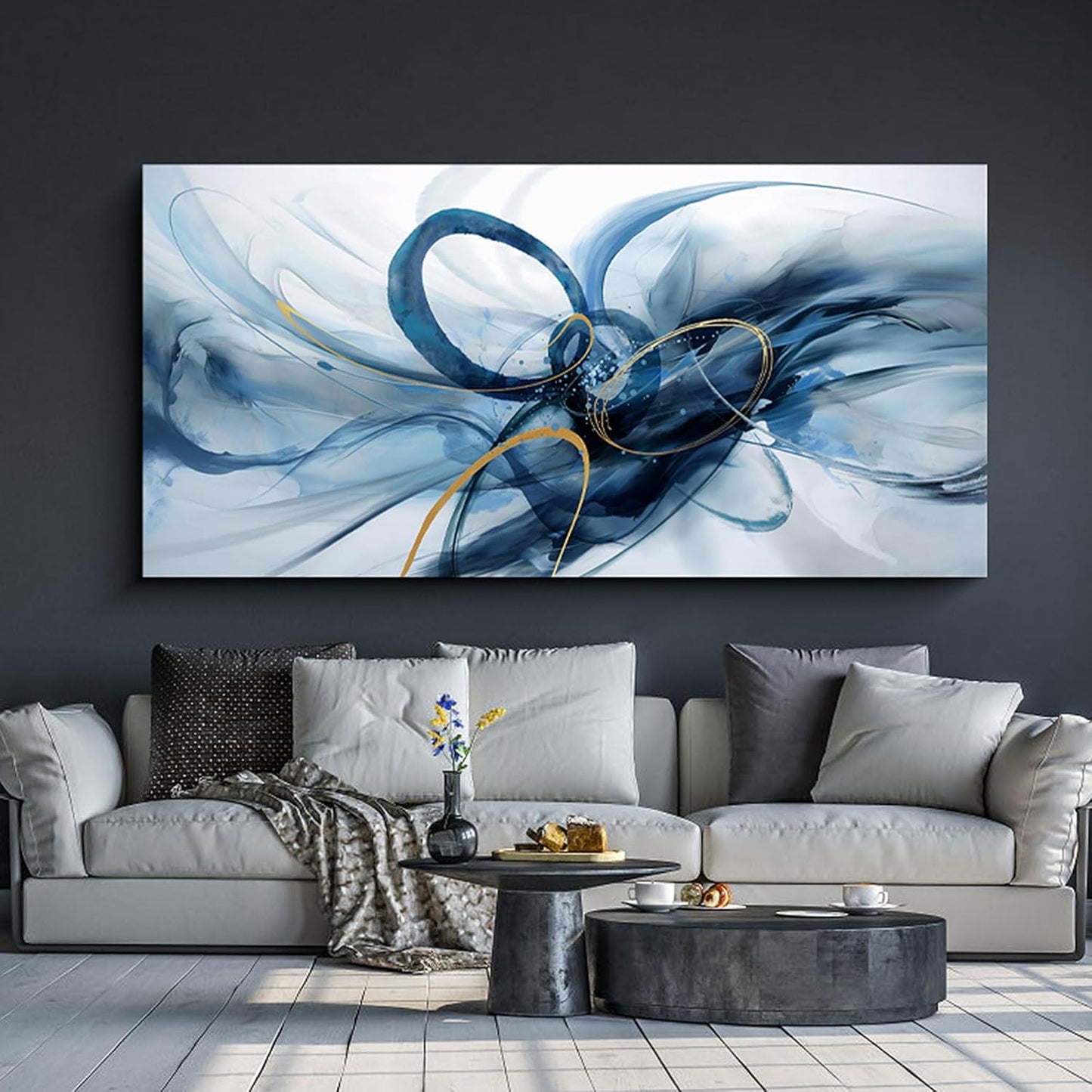 XLSJERST Abstract Wall Decor Living Room - Modern Canvas Wall Art Blue and White Picture Artwork for Office Bedroom Home Decoration