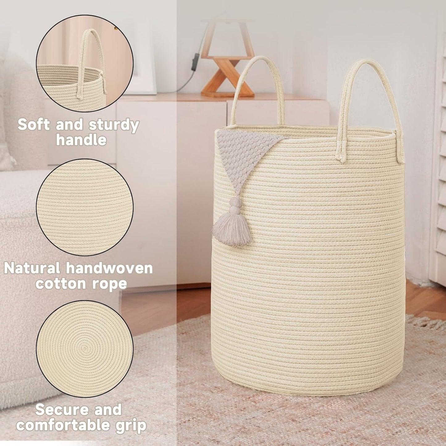 Large Woven Laundry Basket Hamper,60L Cotton Rope Storage Bin for Blankets,Toys and Clothes,Decorative Tall Nursery Hamper for Living Room,Baby Nursery,Bathroom and Bedroom,Beige