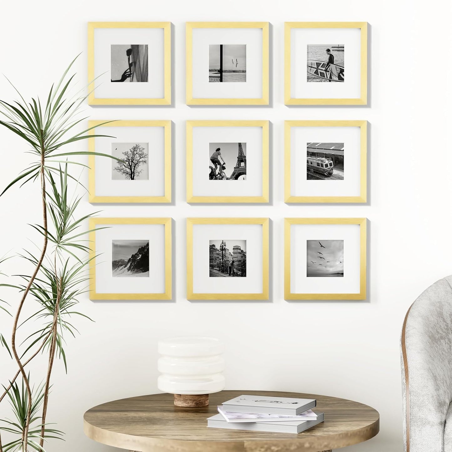 Vittanly 8x8 Picture Frames Set of 9, Shatter Resistant Plexiglass, Display 4x4 Pictures with Mat or 8x8 without Mat, Photo Frames for Wall Mount, Engineered Wood, Gold