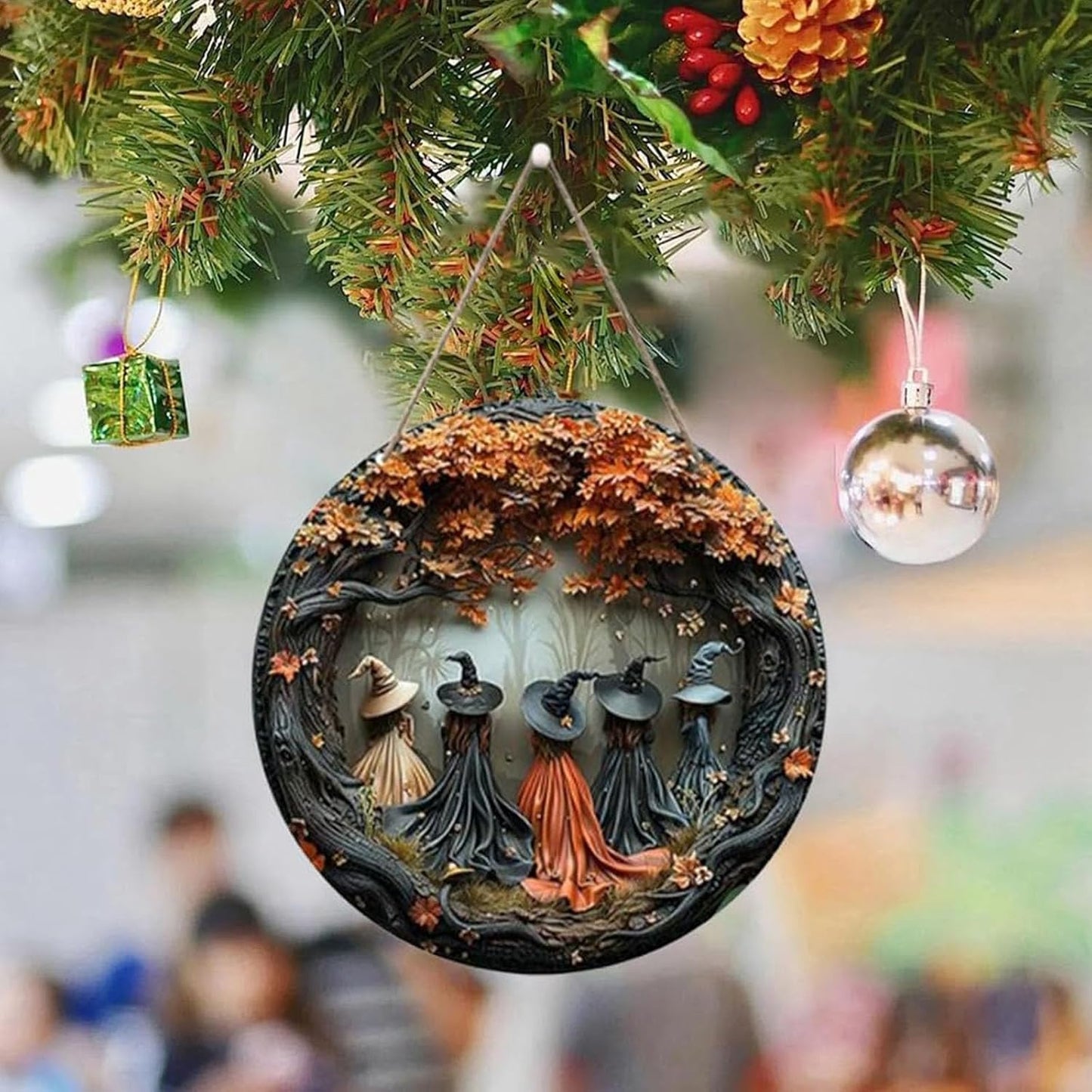 Fanyil/Olygee/Sherum/Shirem/Pubyfun/Glosrity/Libilin/Graddi/Solymody/Gowebs/Goredny/Vianys Witching Hour, Door Way Hanging Decor Halloween, 2D Wooden Round Witches Sign (A+C, 11.8")