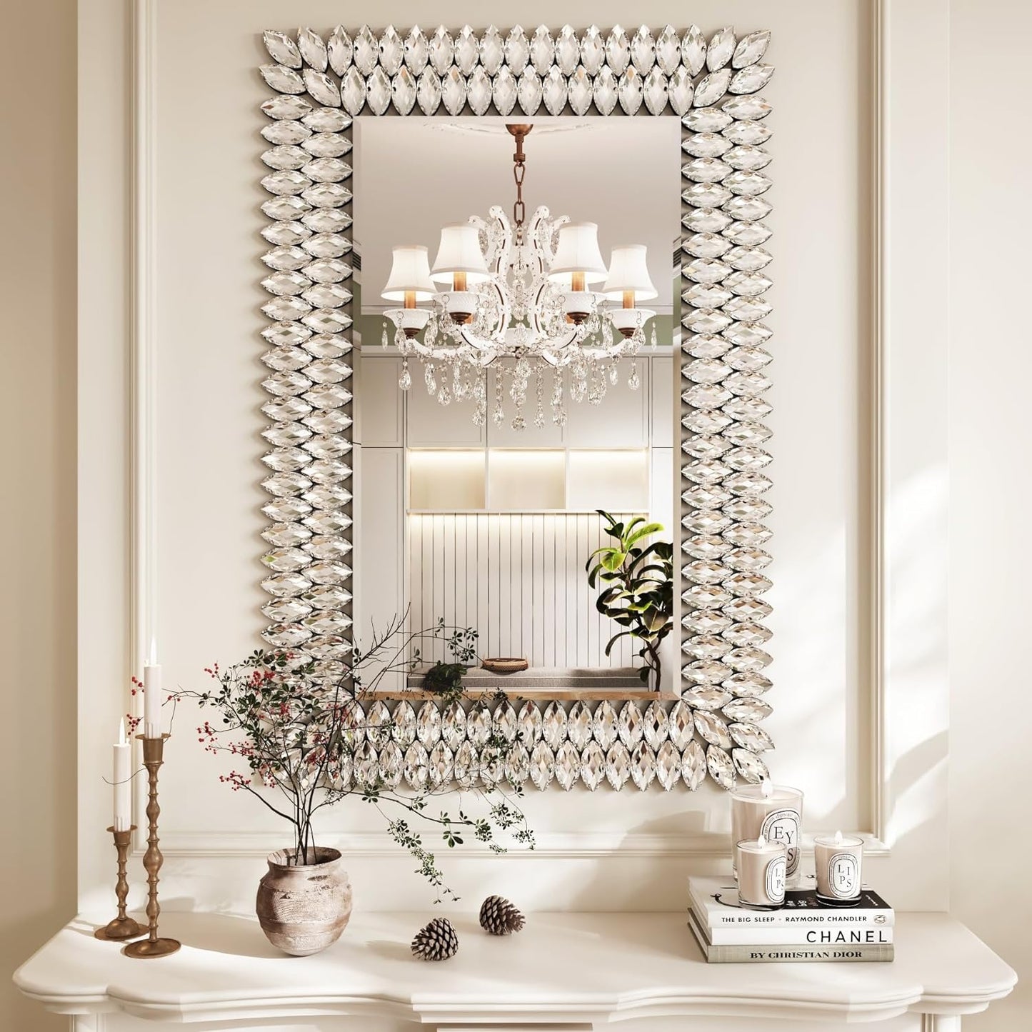 Kelly Miller Jeweled Luxury Bathroom Mirror for Wall, 24"x36" Rectangle Wall Mirror Decorative Mirror Vanity Mirror with Diamonds for Master Bath Half Bath Living Room Bedroom Fireplace Mantle Hallway
