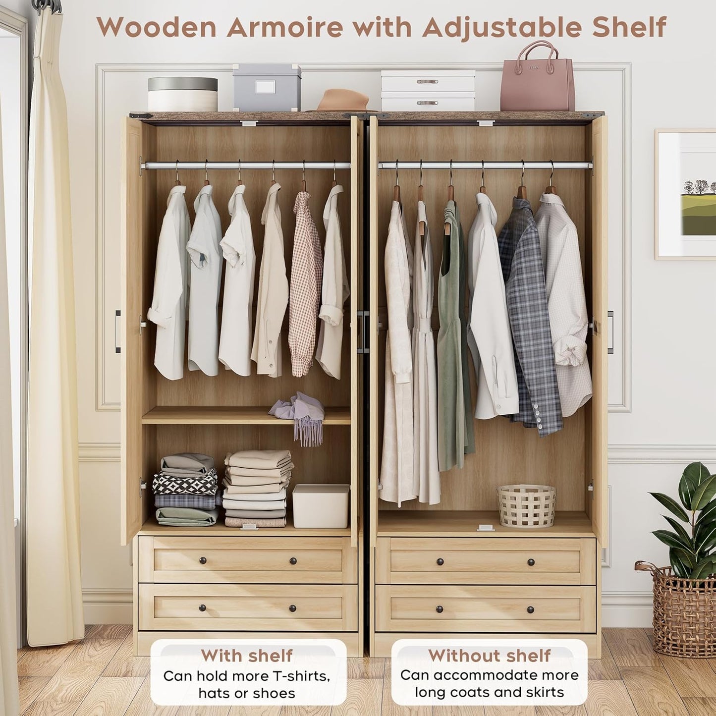 Brafab Armoire Wardrobe Closet with 2 Modern Doors Set of 2, 71" Tall Freestanding Closet Wardrobe Cabinet with Drawers and Hanging Rail, Wooden Storage Cabinet with Shelve for Bedroom,Natural