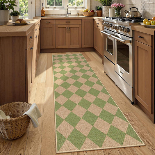 Lahome Checkered Green Runner Rug, 2x8 Carpet Runners for Hallway 8ft Non Slip Entryway Rug, Farmhouse Checkerboard Non Shedding Kitchen Mats for Floor Laundry Corridor