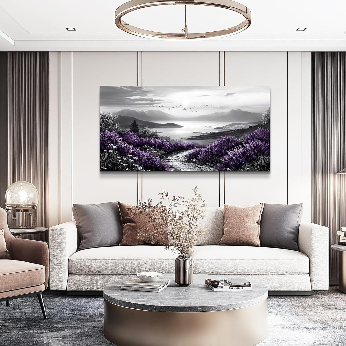 KELIYUAN Black And White Home Decoration Canvas Wall Art For Restaurant Natural Landscape Painting Printing Landscape Purple Grass Picture Suitable For Living Room Bedroom Office Wall Decor 20x40In
