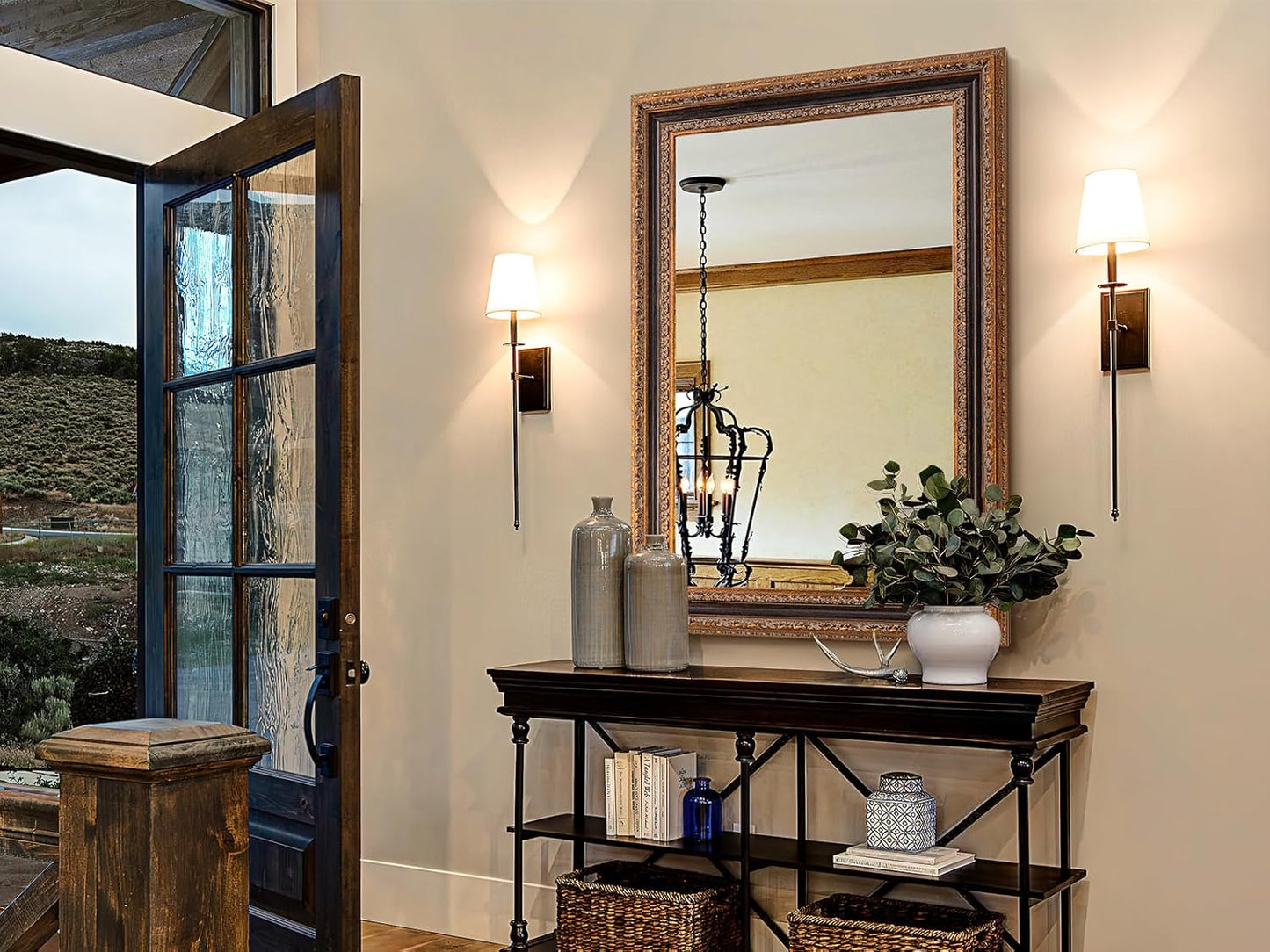 Antique Bronze Mirror 36.5" X 25", Bathroom Wall Mirror with Ornate Carvings Solid Wood Frame, Handmade Aging, for Vintage Living Room, Hallway and Bedroom