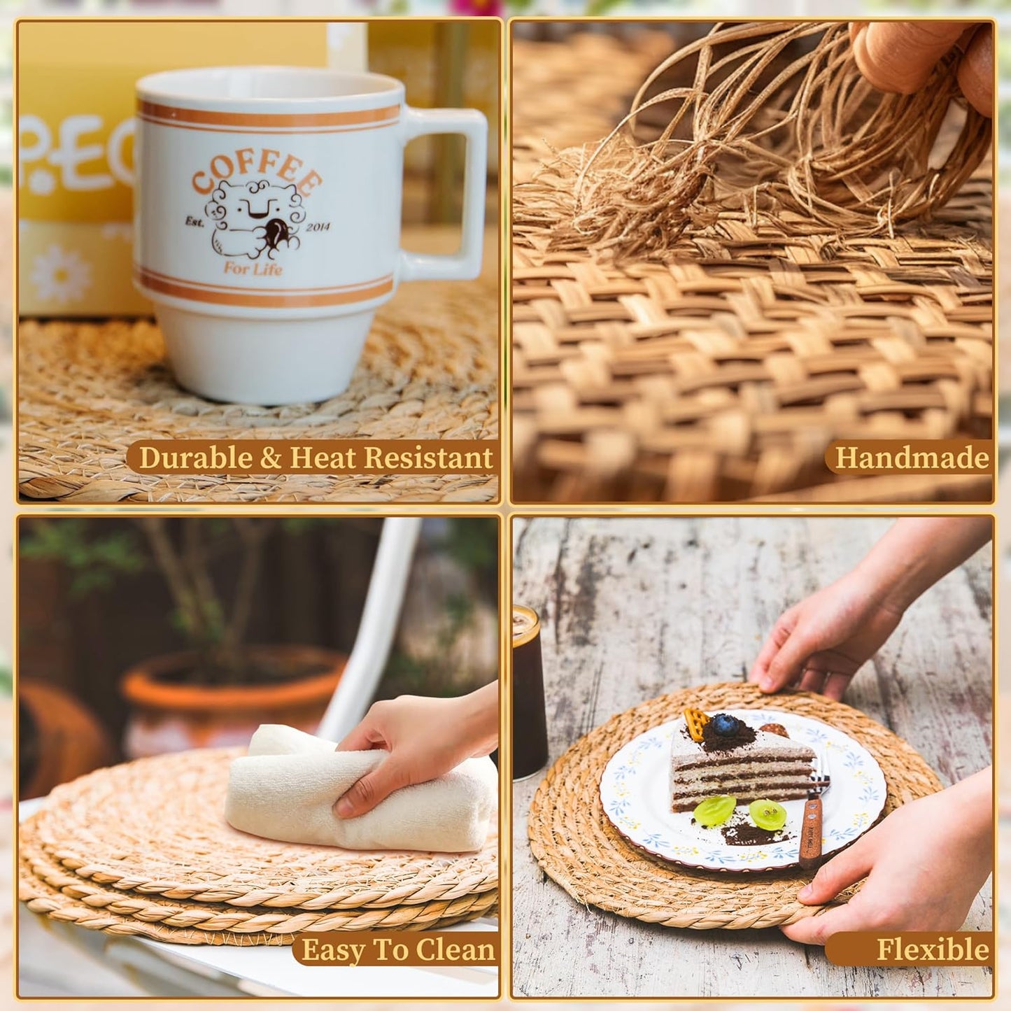 Defined Deco Woven Placemats Set of 4,13" Round Rattan Placemats,Natural Hand-Woven Water Hyacinth Placemats,Farmhouse Weave Place Mats,Rustic Braided Wicker Table Mats for Dining Table,Home,Wedding.