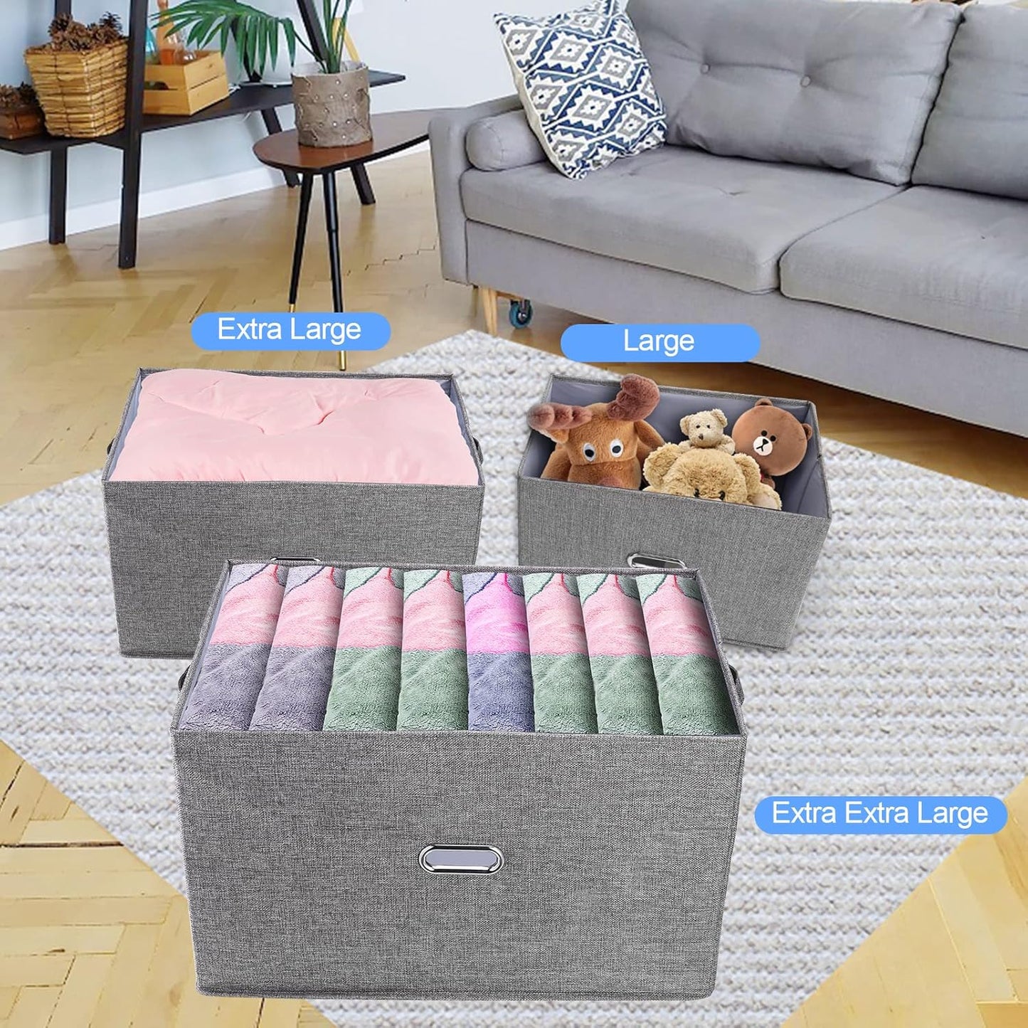 Large Linen Fabric Foldable Storage Bins with Removable Lid and Handles, Washable Storage Box Organizer Containers Baskets Cube with Cover for Bedroom,Closet,Office (Khaki, XXL(2-Pack))