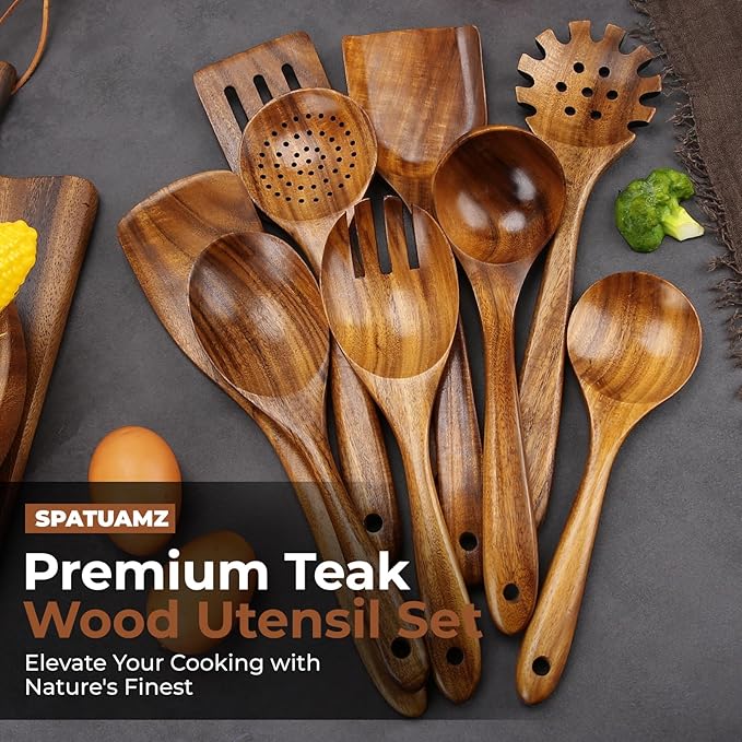 SPATUAMZ Natural Kitchen Utensils Set Wooden, Teak Wooden Spoons for Cooking, Wooden Utensils Set of 9 for Any Kitchen