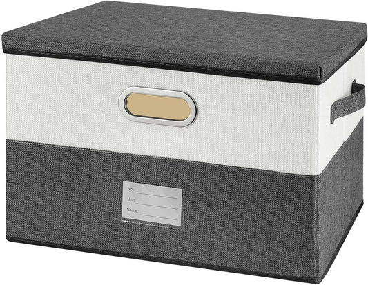 Large Linen Fabric Foldable Storage Bins with Removable Lid and Handles, Washable Storage Box Organizer Containers Baskets Cube with Cover for Bedroom,Closet,Office,Nursery(Grey&Cream, Medium)