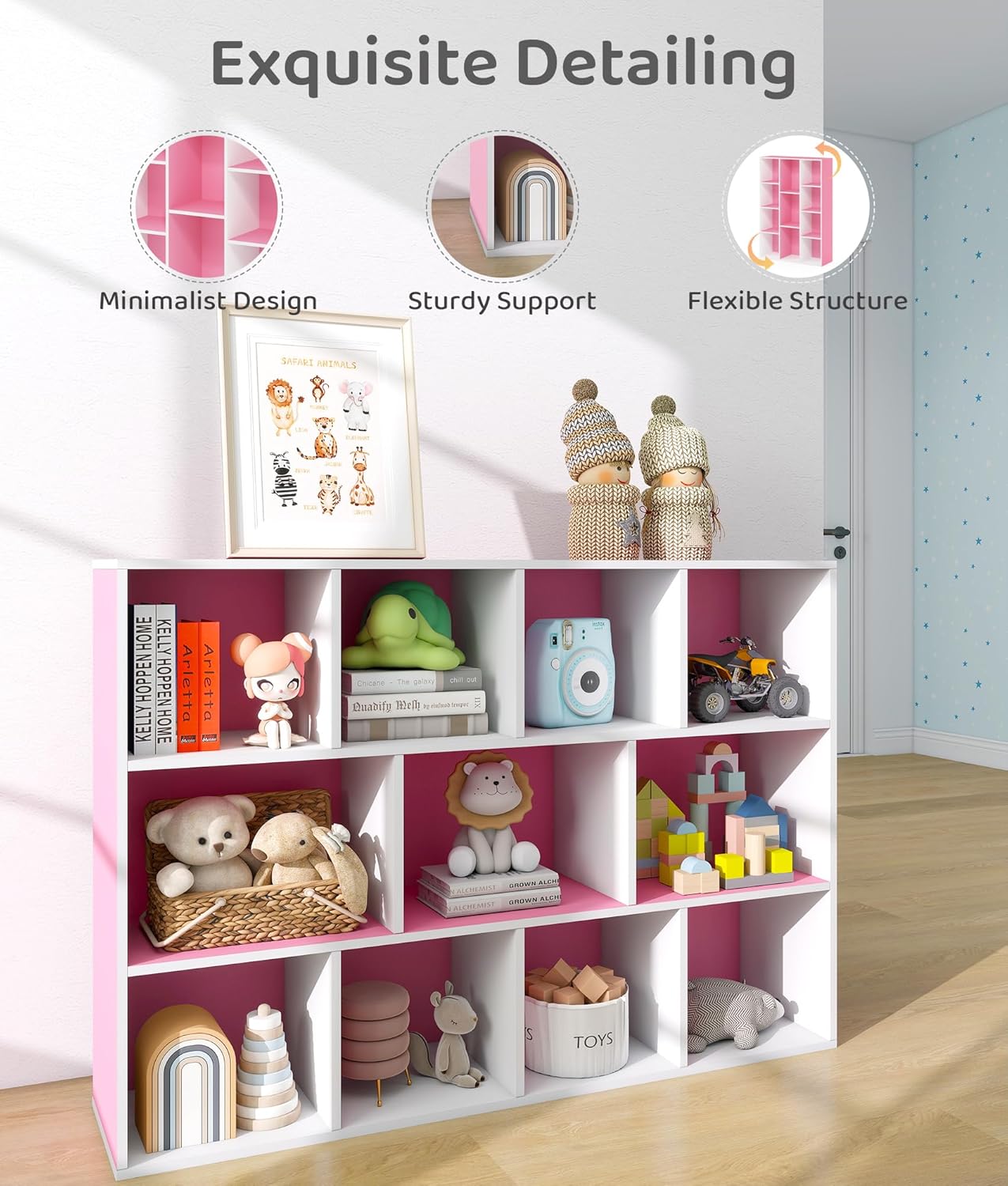 11-Cube Pink Kids Bookshelf and Toy Organizer – Wooden Storage Shelf for Girl’s Room and Nursery, Ideal Gift for Toddlers and Preschoolers