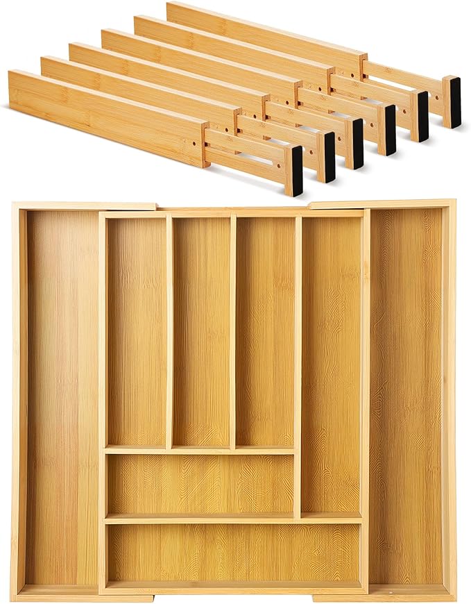 7 Pcs Adjustable Bamboo Drawer Dividers Expandable Drawer Organizers Cutlery Tray Spring Separators Organization for Kitchen Bedroom Bathroom Dresser Office