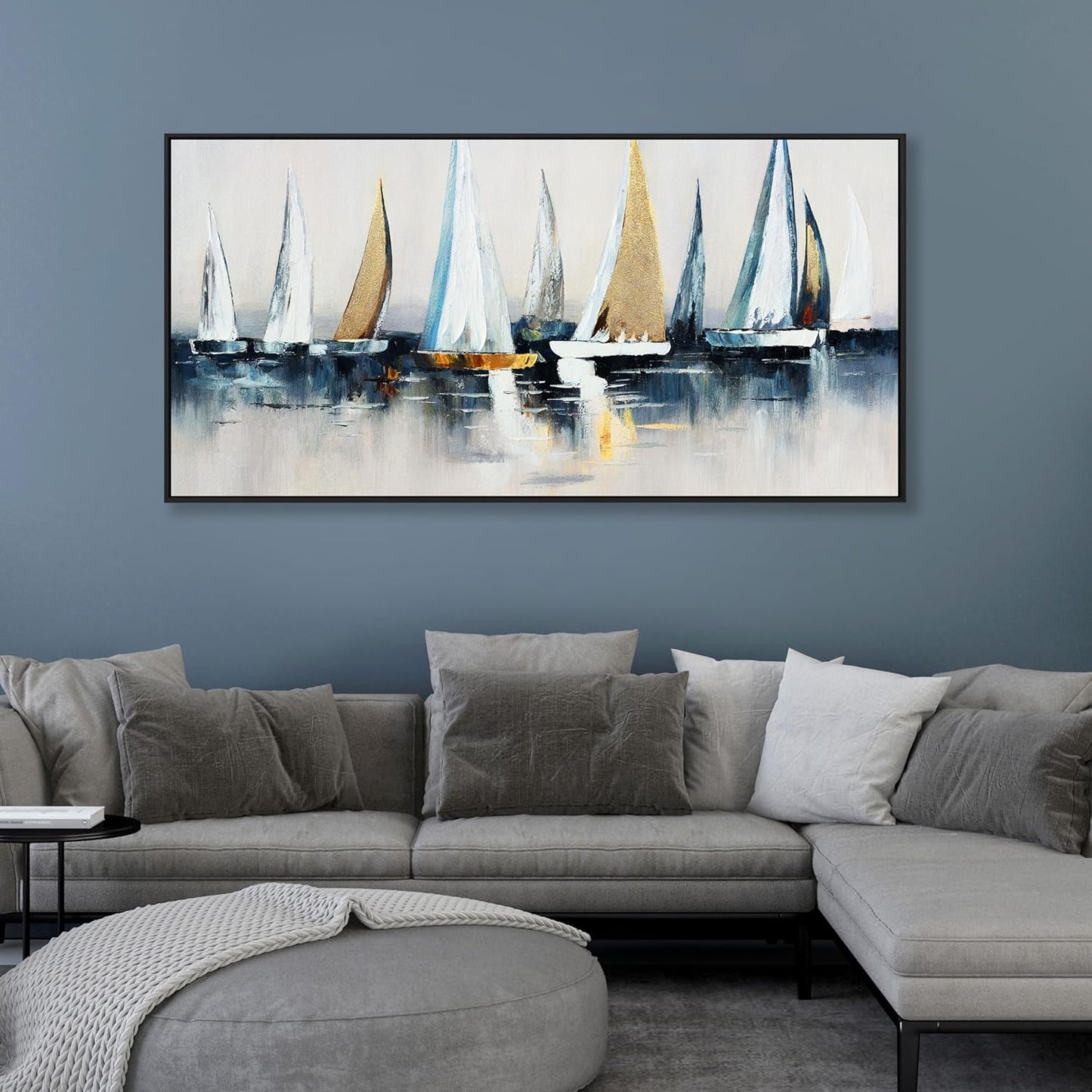 Abstract Wall Art Blue and White Sailboat Wall Paintings Framed Artwork for Living Room Bedroom Bathroom Office Home Decor Can Be Hung Directly 24"x 48"