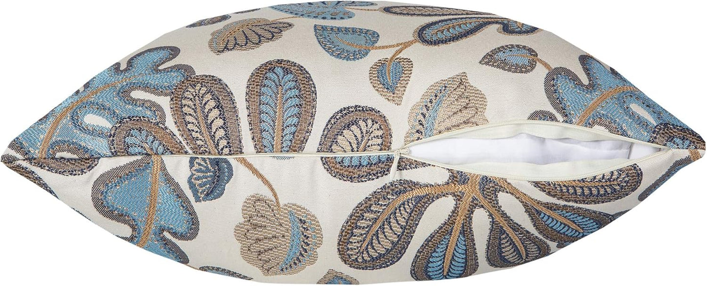 Set of 2 Jacquard Tropical Leaf Pattern Throw Pillow Covers Decorative Pillowcase 20X20 Inches,Blue Cream