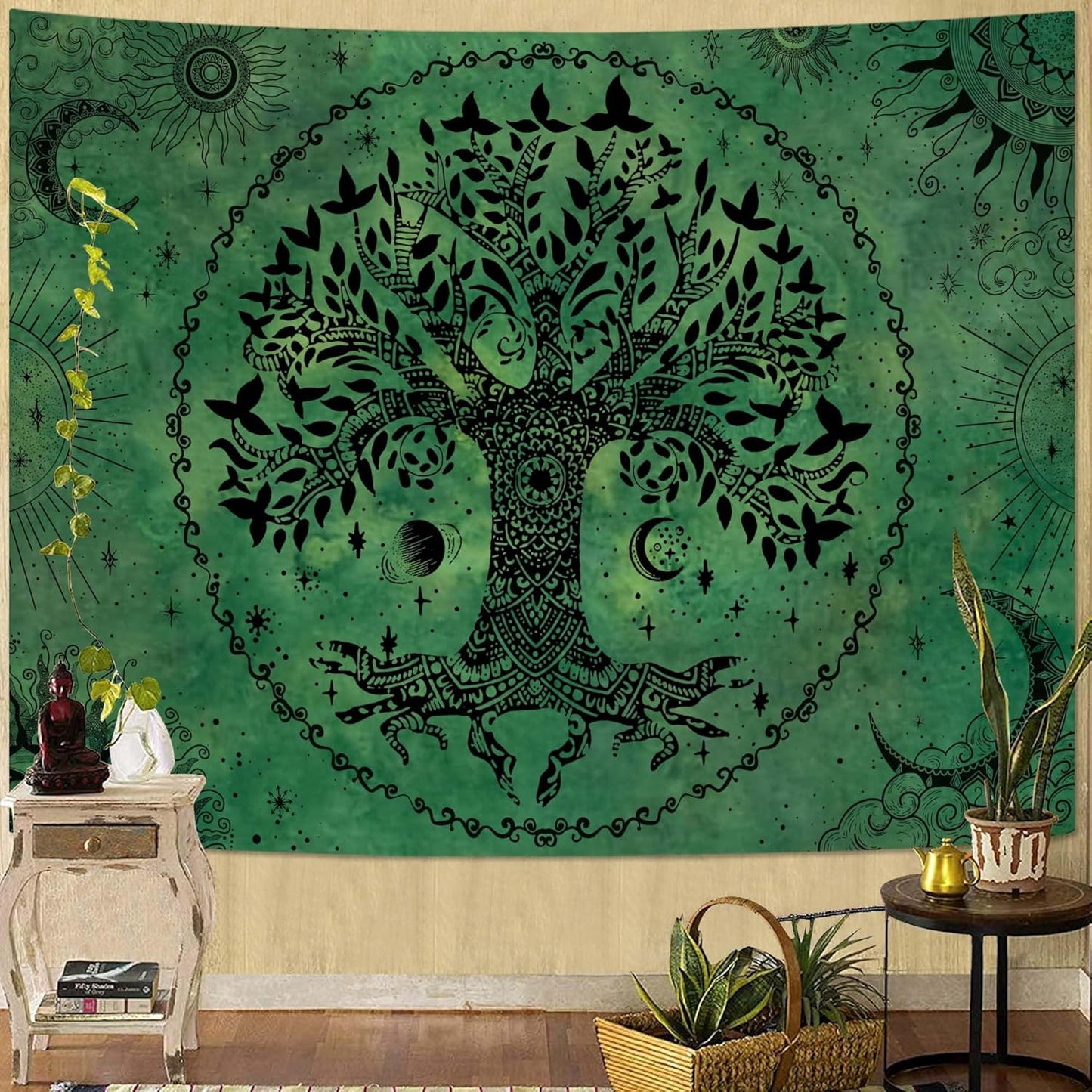 Lunerfex Tree of Life Mandala Tapestry Boho Tapestry for Bedroom Green Tapestries Wall Hanging Living Room Wall Art and Home Decor 44x60