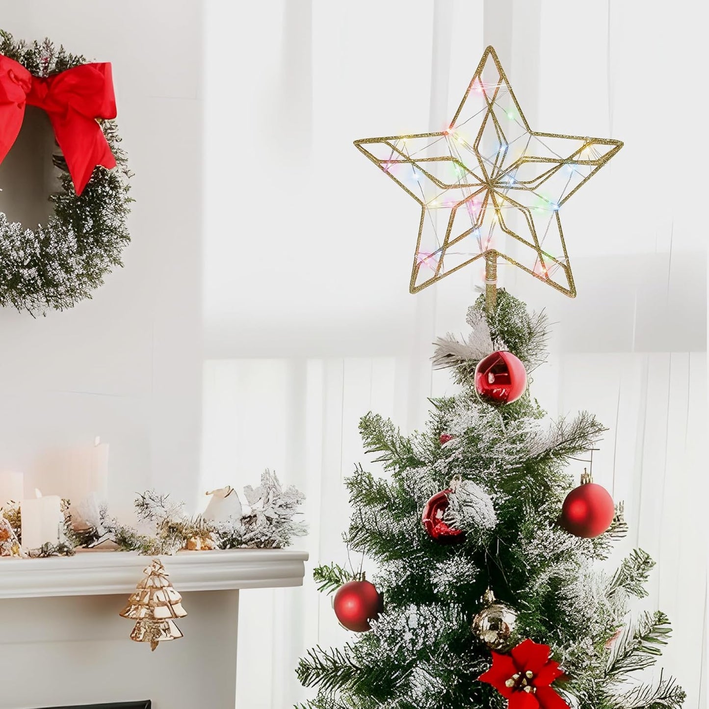 Christmas Tree Topper,50 LED Lighted Sparkling Star Tree Toppers Christmas Decorations,8 Lighting Modes Gold Star Xmas Decorations with Remote Control and Extra Battery Box,Glitter Christmas Ornament