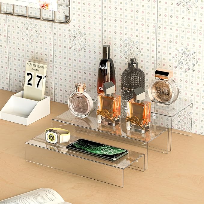 Clear Riser Display Shelf 3pcs, Desktop Rectangular Acrylic Display Shelves Storage Organizer, Acrylic Stands for Funko Pop Figure, Bags, Shoes, Spice Jars, Skincare, Cosmetics - 12-2'', 3'',
