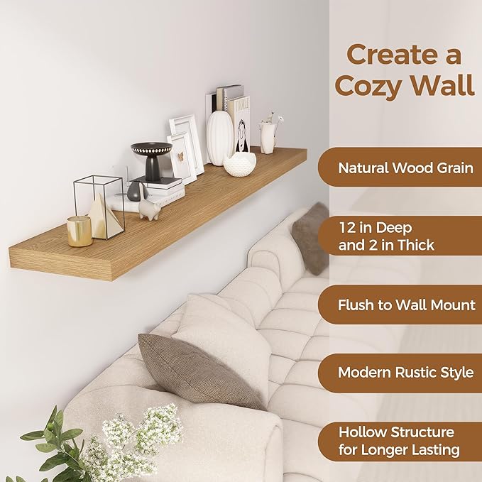 Fun Memories 72 Inch Floating Shelf, 12 Inch Deep Wall Shelf for Fireplace Mantel, Deep Storage Shelves for Home & Office, Wall Shelves with Invisible Bracket, Oak, Set of 1