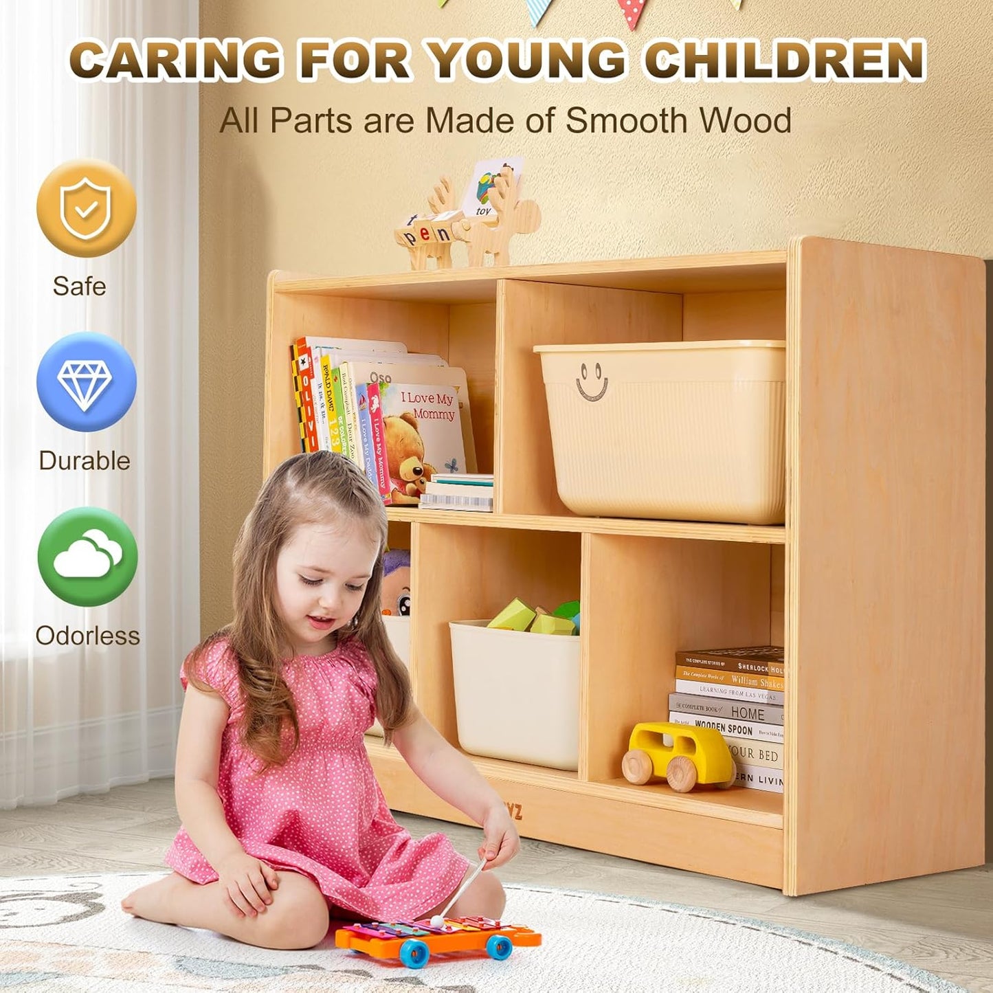 wingyz Wood Storage Shelf Organizer, 35.4" L, 5-Section Montessori Kids Toy & Book Shelf, Wooden Cabinet for Kids Rooms, Playroom, Classroom, Nursery, Preschool Furniture - Nature