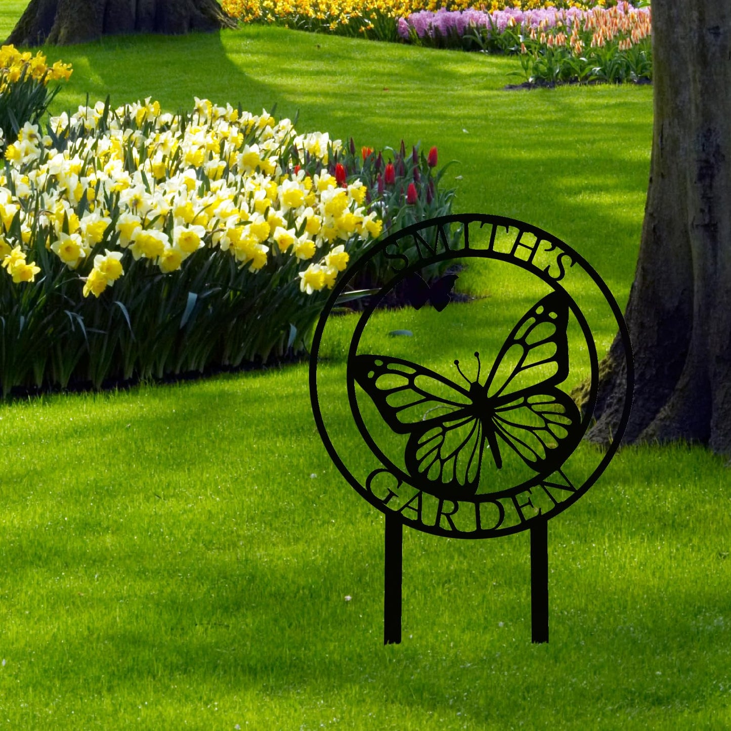 Custom Butterfly Metal Garden Sign with Stakes, Metal Yard Art, Personalized Butterfly Home Garden Decor, Garden Family Name Sign for Outdoor New Home Gift for Outside, Patio Decor, Housewarming Gift