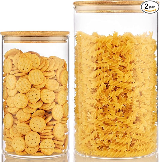 Extra Large Glass Flour and Sugar Storage Containers with Airtight Lid,132 floz x1 & 65 floz x1 [Set of 2] Big Glass Jars with Bamboo Lids, Air Tight Food Jar for Cereal, Pasta, Rice, Coffee