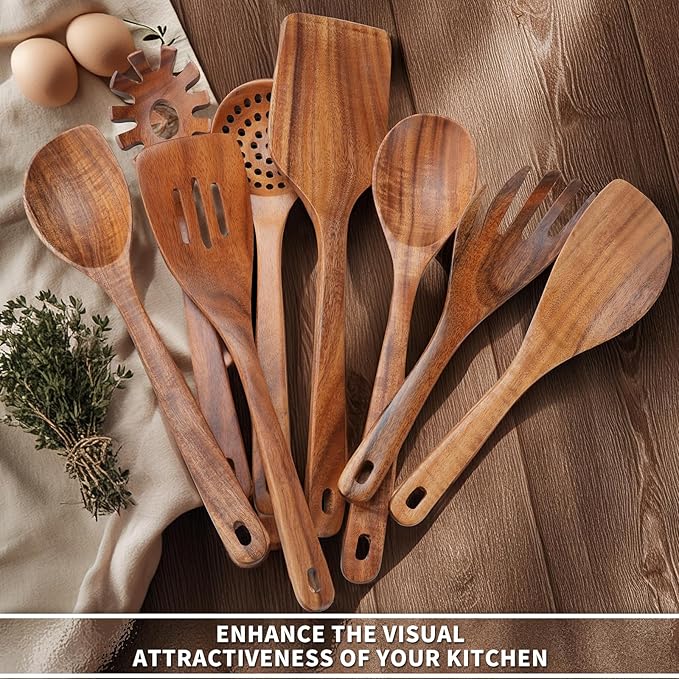 9 PCS Kitchen Utensils Set - Wooden Spoons for Cooking, Natural Teak Wooden Utensils - Includes Wooden Spoons, Spatula Set, Slotted Spoon - Handmade Wooden Spoon Set