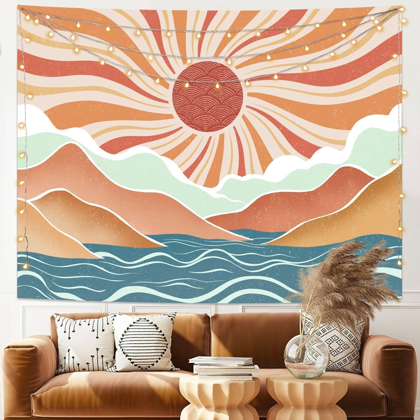 Lunerfex Boho Sun Tapestry Sunset Wall Tapestry, Mountain Tapestries for Bedroom 80s Tapestries Wall Hanging for Bedroom Living Room Decor Boho-2 70"x90"