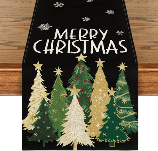 Artoid Mode Xmas Trees Snowflakes Black Merry Christmas Table Runner, Winter Seasonal Kitchen Dining Table Decoration for Home Party Decor 13x48 Inch