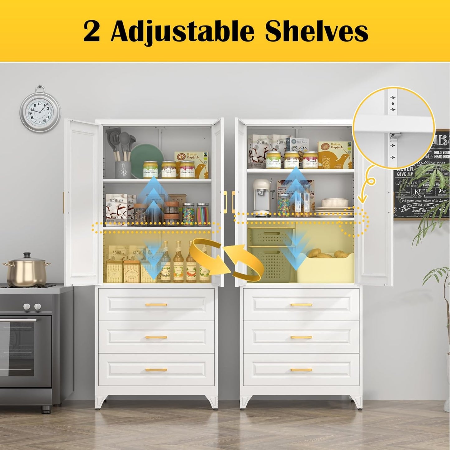 75" Kitchen Pantry Cabinet with 3 Drawer,Metal Storage Cabinets with Doors and 4 Adjustable Shelves,White Kitchen Cabinet with 2 Gold Handles,Food Cupboard for Livingroom,Pantry, Bathroom