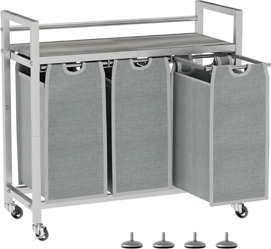 Laundry Hamper, Laundry Basket, Laundry Sorter with 3 Removable Bags, Clothes Basket with 3 Compartments, Wheels, Shelf for Laundry Room Bathroom Bedroom (3 Bags-Gray)