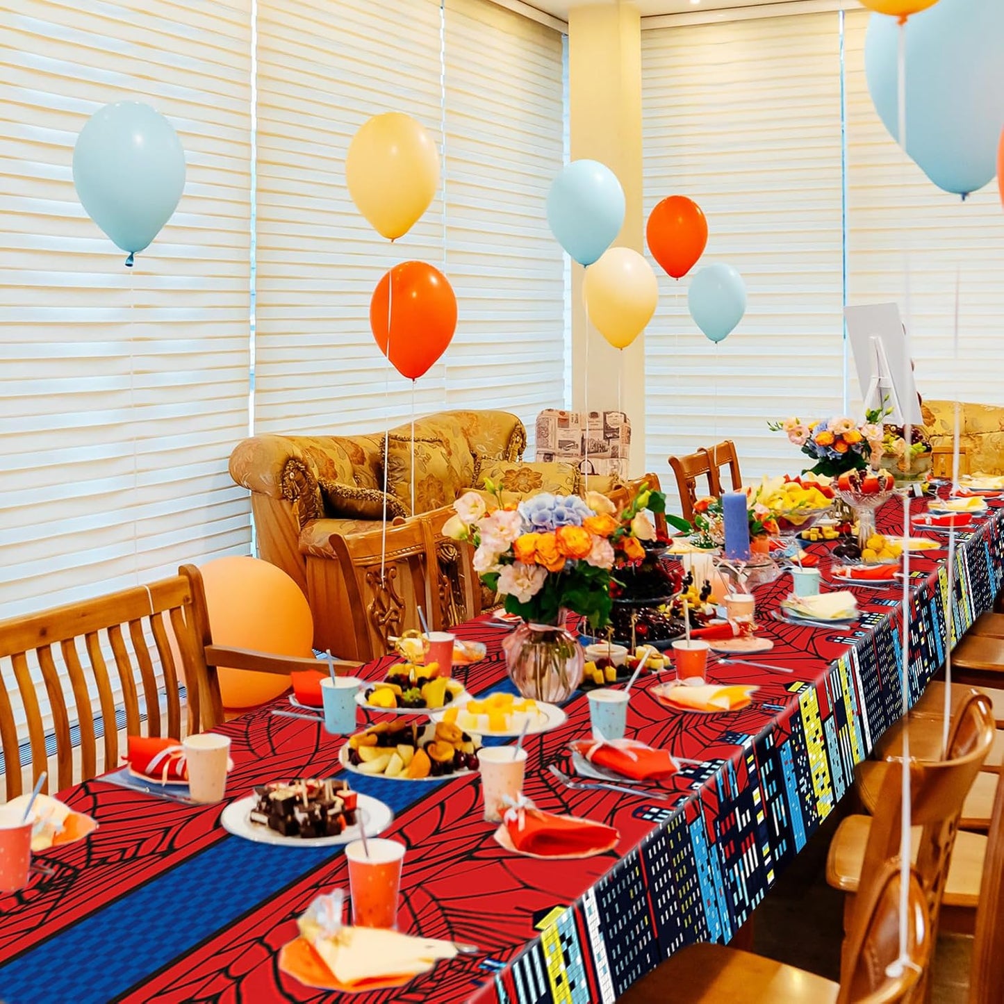 Oudain 5 Pcs Spider Tablecloth 108 x 54 in Red and Blue Plastic Disposable Table Covers City Web Theme Birthday Party Decorations Large Table Cloths for Party Indoor Outdoor (Classic)