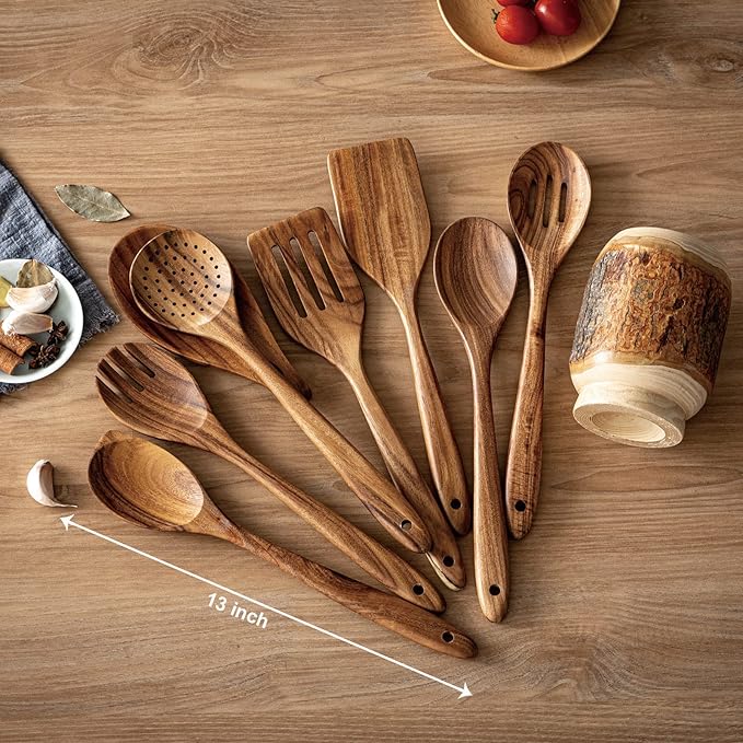 Gudamaye 13 inch Long Wooden Spoons for Cooking,Wooden Utensils for Cooking with Utensils Holder,9 PCES Wooden Kitchen Utensils Set with Utensils Holder and Spoon Rest,Natural Teak Wooden Spoons Set