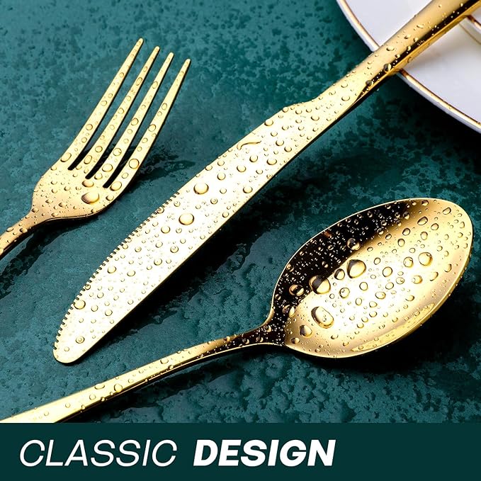 Gold Silverware Set for 8, OGORI 45-Piece Stainless Steel Flatware Set with Serving Set, Mirror Polished Cutlery Set with Serving Utensils Spoon for Kitchen Party Supply