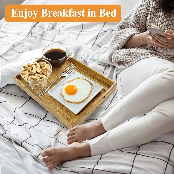 3 Pack Acacia Wood Serving Tray with Handles, Decorative Serving Trays Platter for Breakfast in Bed, Lunch, Dinner, Patio, Ottoman, Coffee Table, BBQ, Party, Great for Lap &Couch (Set of 3)