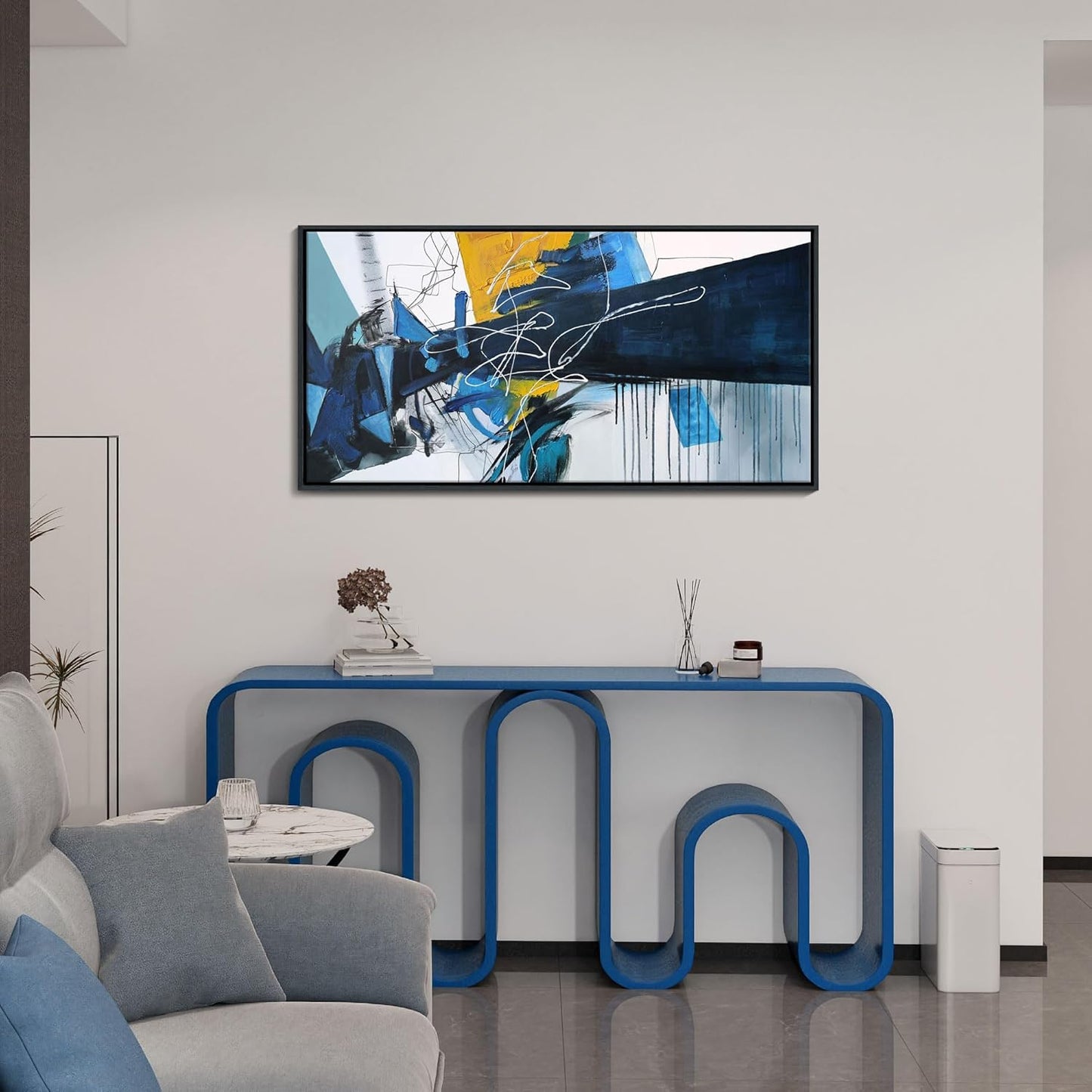 KLAKLA Modern Abstract Canvas Wall Art - Blue and white Framed Wall Decor Living Room Picture Artwork for Office Bedroom Decorative Paintings