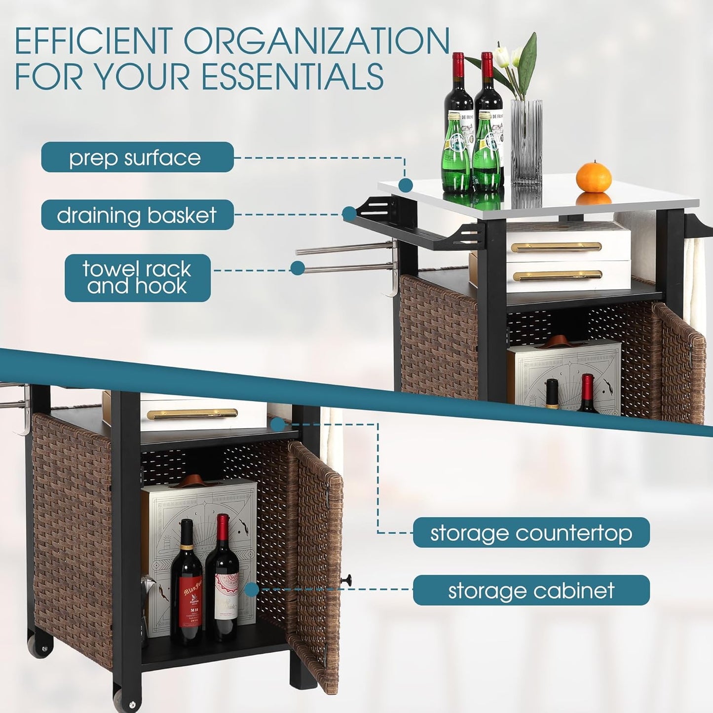 Grill Cart Outdoor with Wheels, Outdoor Prep Table with Wicker Storage and Rolling Wheels, Samll Kitchen Island Serving Cart with Stainless Steel Table Top for BBQ, Porch, Patio, Brown