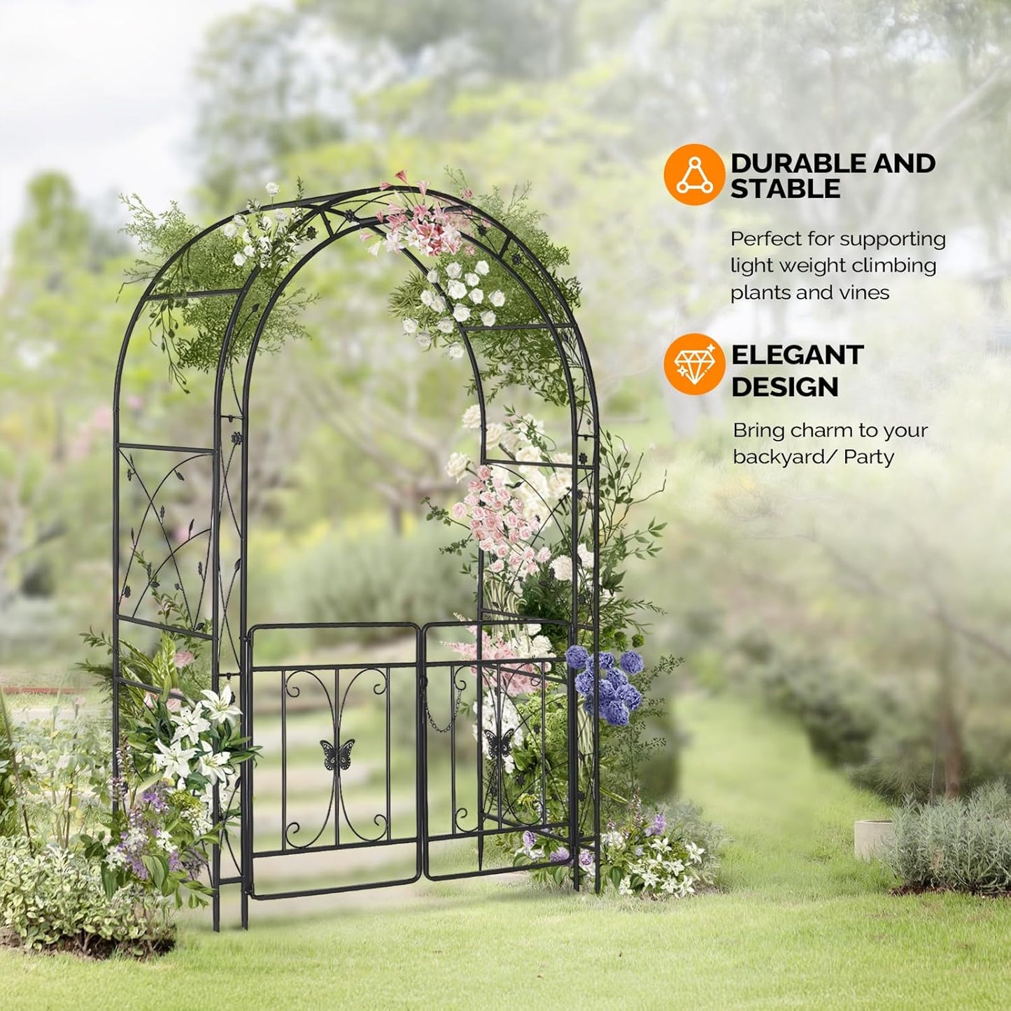 VINGLI Garden Arbor Arch, Wedding Arch Archway for Ceremony Party, Trellis for Plant Climbing, Christmas Decorations Pergola for Backyard, Lawn, Patio, Yard (Arbor with Gate)