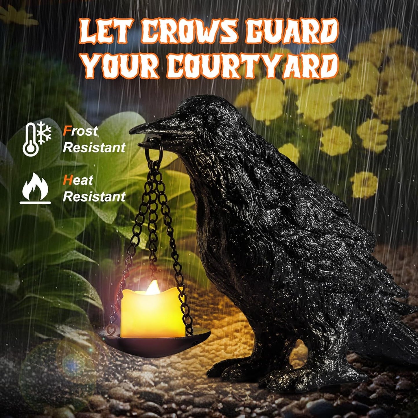 Gothic Crow Lamp Tealight Candle Holder Raven Statue for Indoor Outdoor Decor Halloween Garden Resin Statue Black Stone