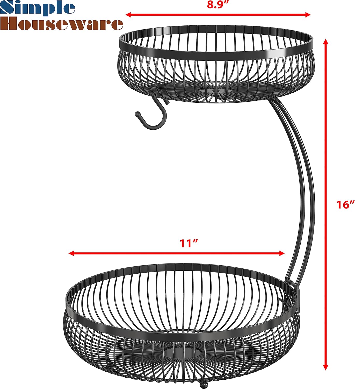Simple Houseware 2-Tier Countertop Fruit Basket with Banana Hanger, Black