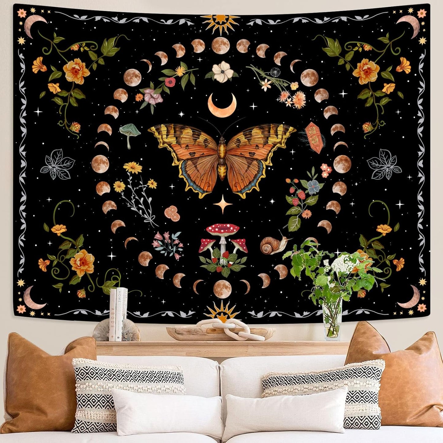 Aipon Orange Butterfly Moon Flower Tapestry Botanical Floral Plant Boho Tapestry for Bedroom Aesthetic Vintage Tapestries Wall Hanging for Living Room Dorm (68.00'' × 90.00'', Orange)