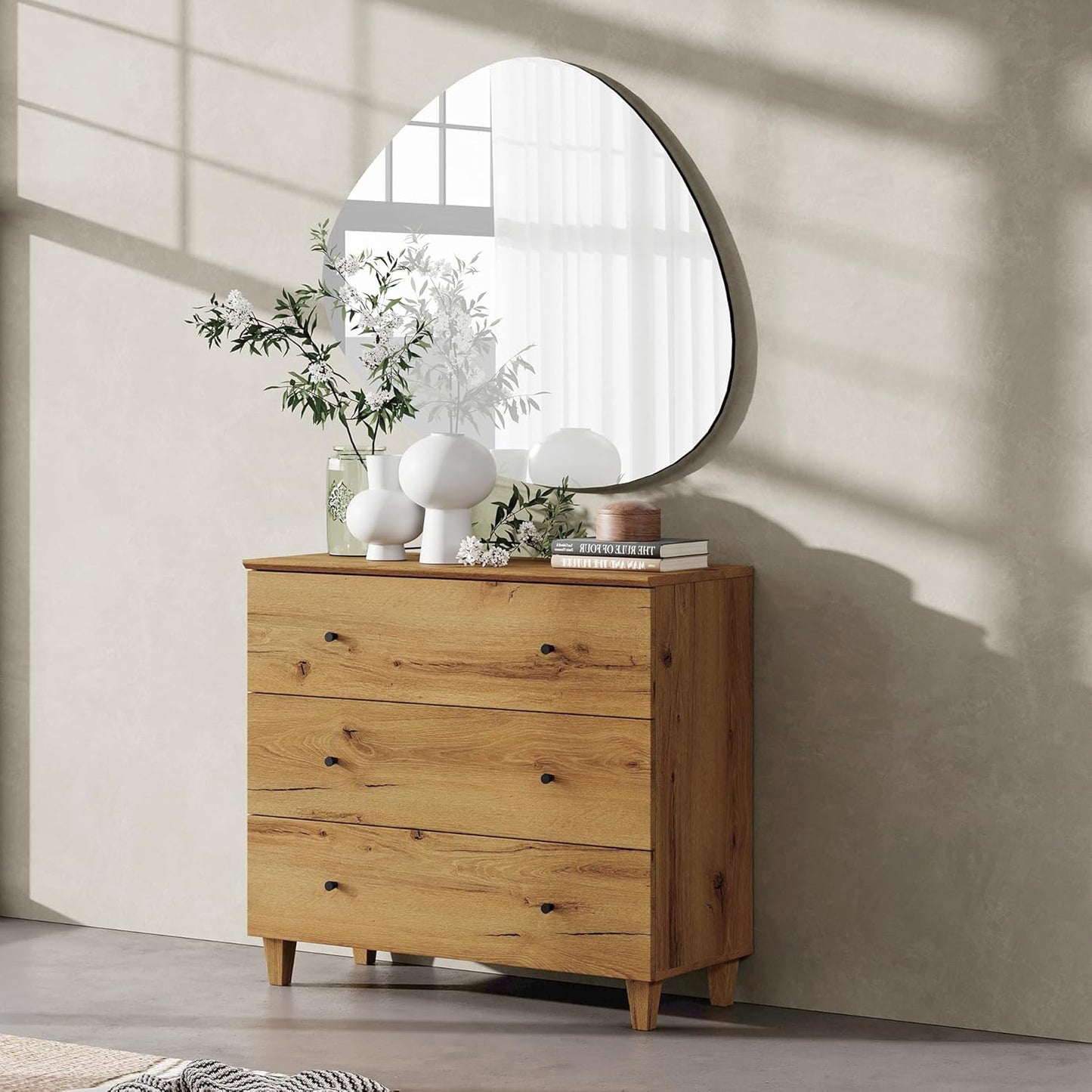 WAMPAT Bedroom Dresser with 3 Drawers, 35.4" Wide Wood Kids Dressers, Chest of Drawers, Modern Closet Organizer Bachelors Chest w/Solid Wood Legs for Living Room, Baby Room, Nursery, Oak Brown