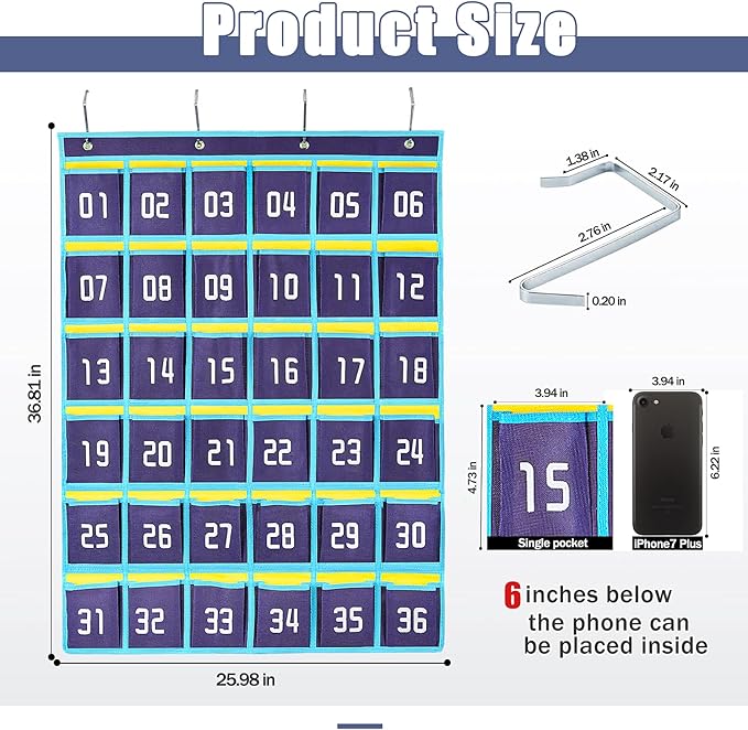 Loghot Classroom Accessories Closet Pocket Chart for Cell Phones Holder Wall Door Hanging Organizer (36 Pockets Blue)