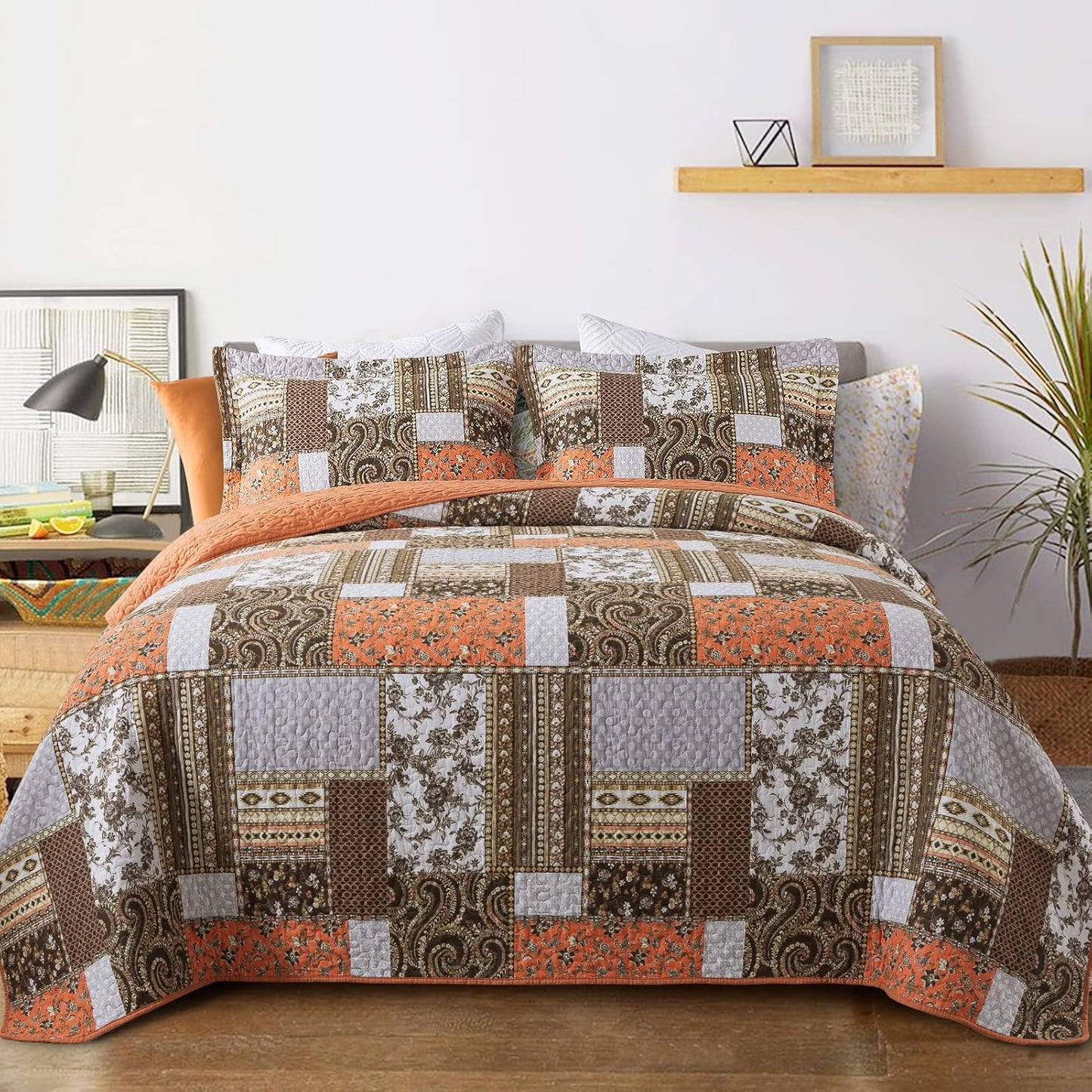 VAPUTAR Quilts Queen Size - Fall Cotton Quilt Set Quilted Bedspread Coverlet Lightweighet Bedding Set with Shams for All Season, 3 Piece Boho Patchwork Quitled Bedspread Queen Size (Dream Orange)