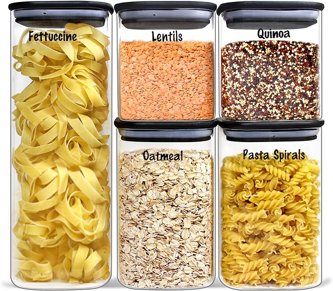 Urban Green Glass Jars with Black Bamboo Lids, food storage sets with airtight black lids, Glass Canisters Sets, Kitchen Organizing Jars (5 Sets of 27oz, 38oz, 66oz)