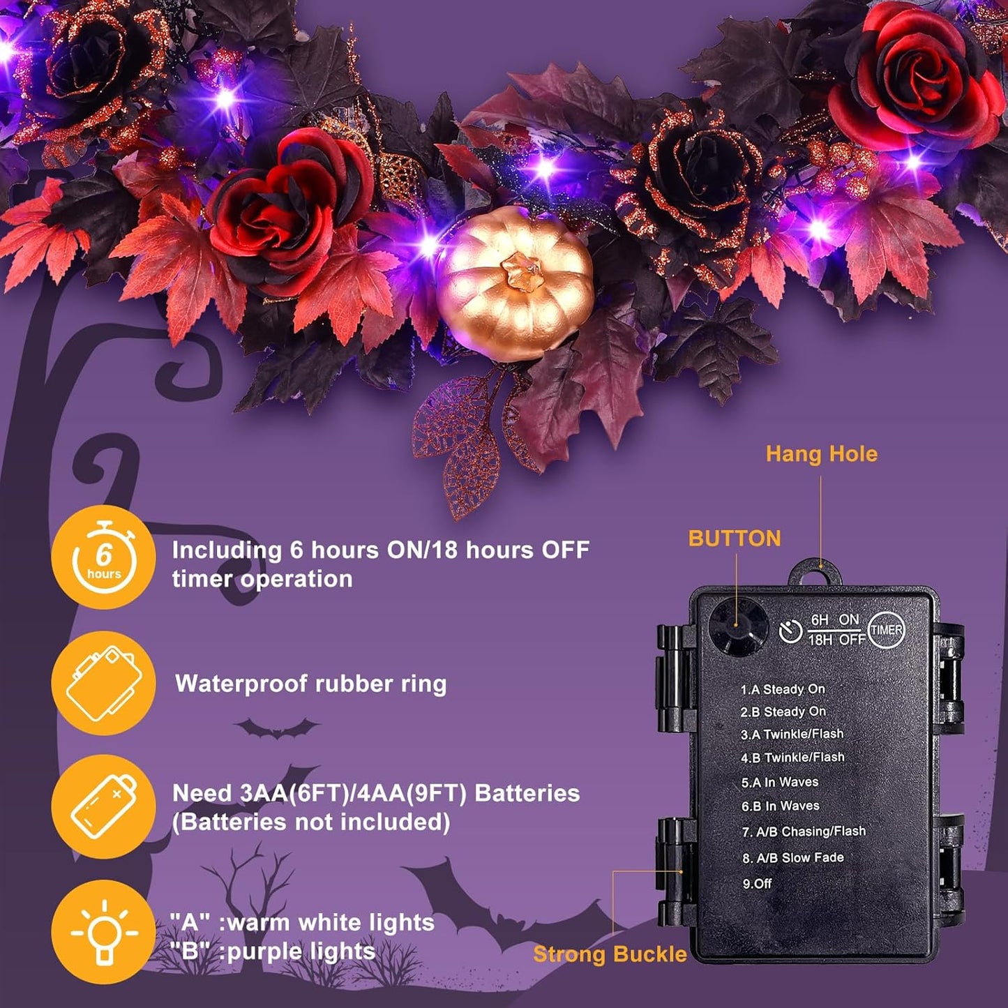 SHareconn 2 Pcs 9FT Halloween Garland with Purple Lights Battery Operated and Timer, Pre-Lit Black Red Maple Leaves Lighted Garland Decorations for Fireplace Mantle Centerpiece Indoor Outdoor Decor