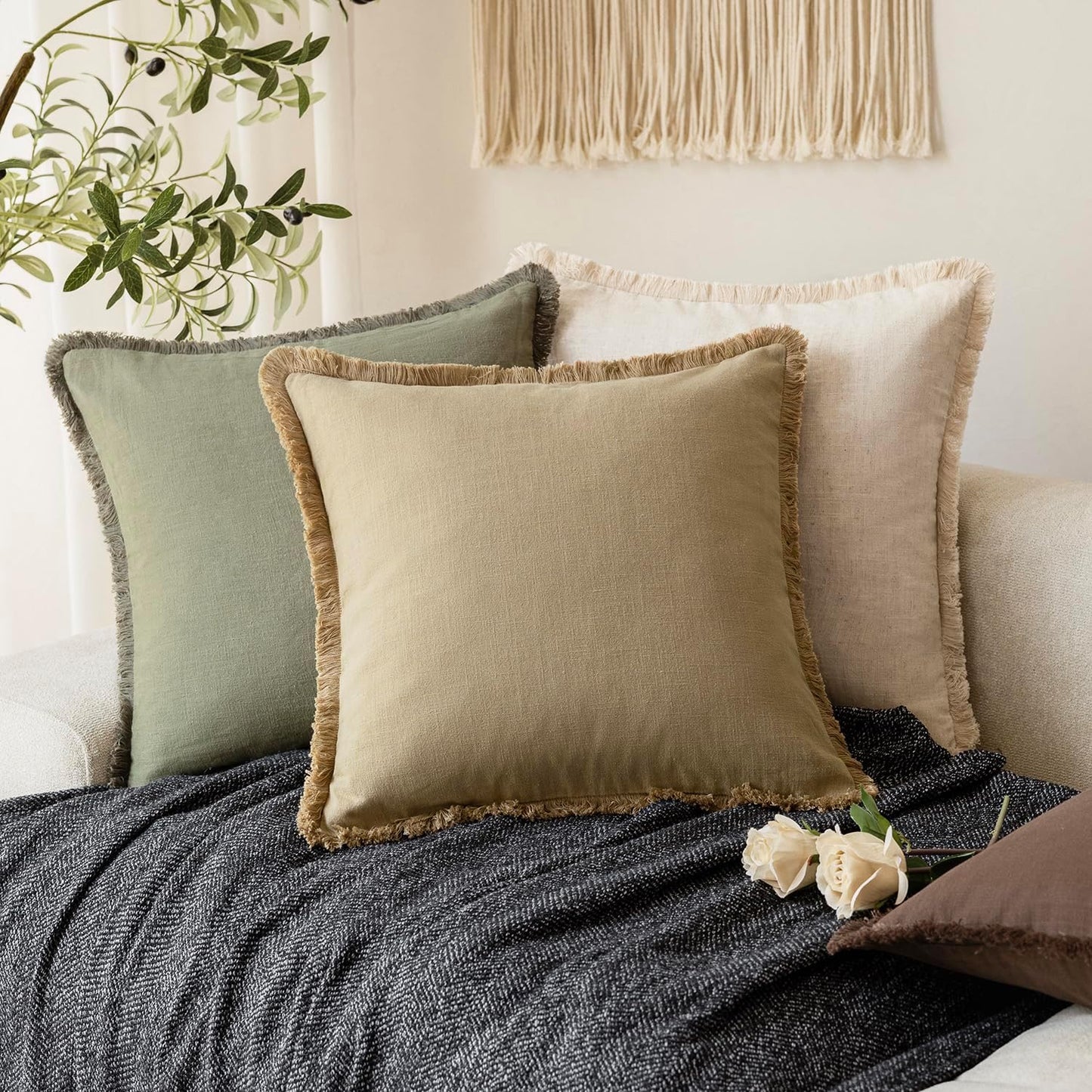 Foindtower Set of 2 Decorative Linen Fringe Throw Pillow Covers Farmhouse Cushion Cover with Tassels Soft Accent Pillowcase for Couch Chair Sofa Bed Living Room Home Decor,20×20 Inch,Light Khaki Taupe