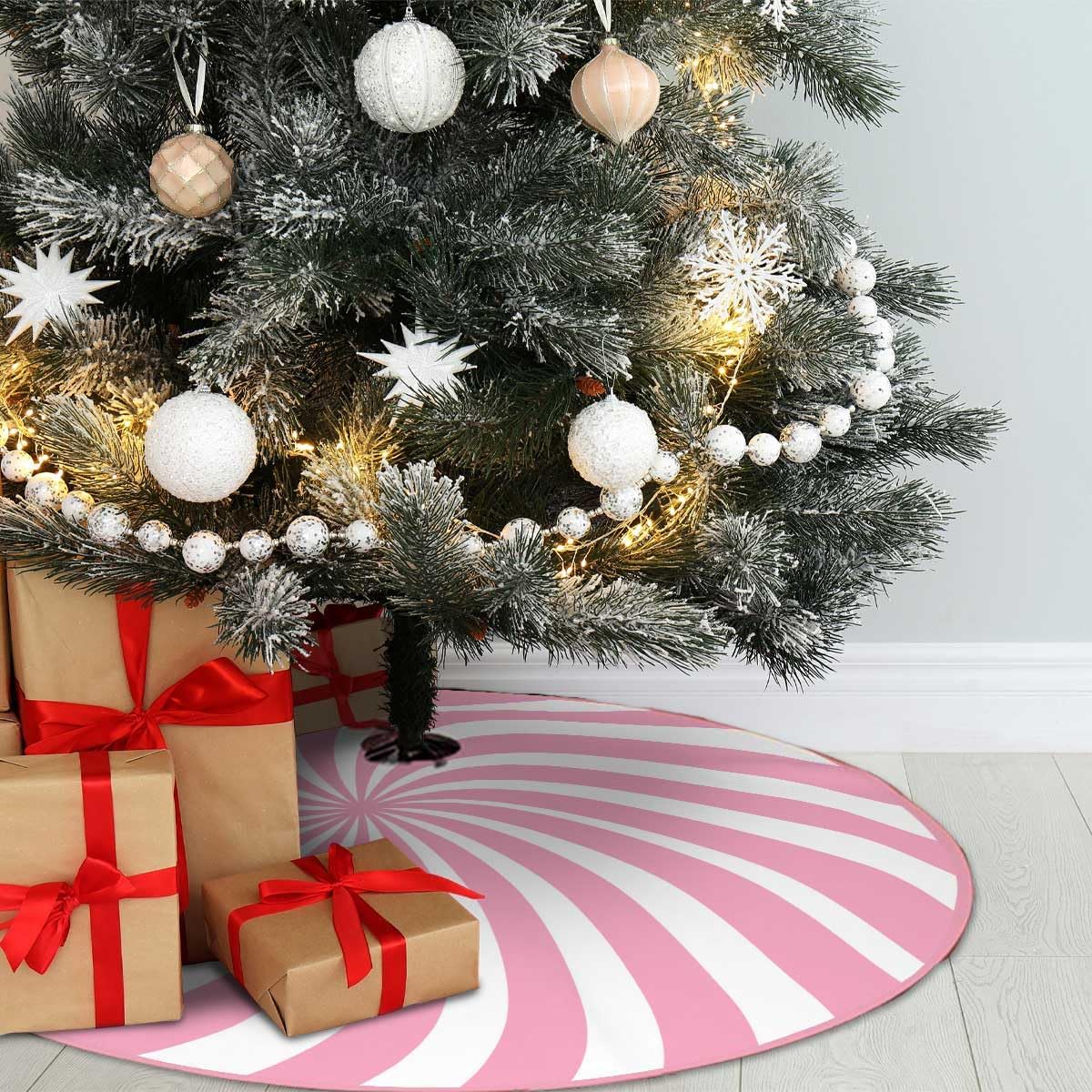 Swirl Stripe Christmas Tree Skirt 36 inches Sweet Candy Cane Pink Christmas Decorations Xmas Tree Mat Holiday Party Home Decorations (Pink, 36in)